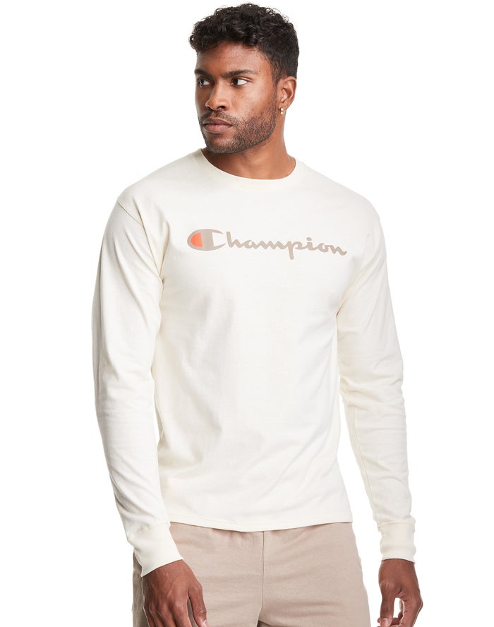 Champion Herre T-Shirts Hvide - Classic Long-Sleeve Script Logo - Danmark HJF-942875